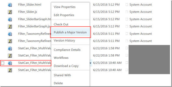 10a - catalogs - master page gallery - display templates - filters - custom filter file - Publish a Major Version menu.crop