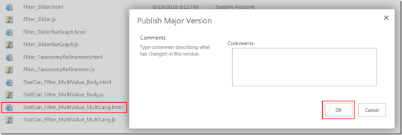 10b - catalogs - master page gallery - display templates - filters - custom filter file - Publish a Major Version dialog.crop