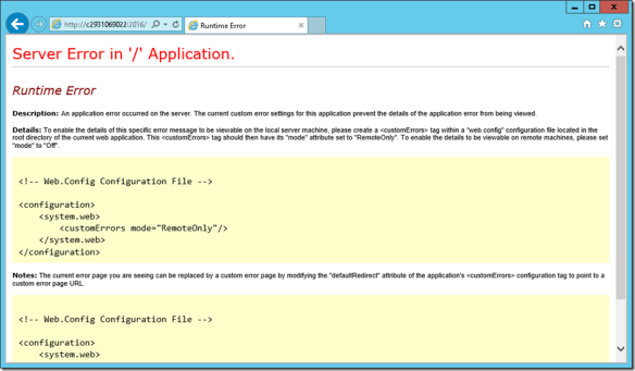 CA home - Server Error - customErrors RemoteOnly