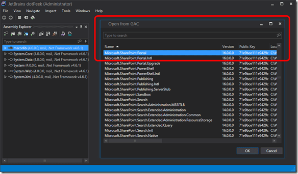 JetBrains dotPeak Open from GAC MS.SP.Portal assembly
